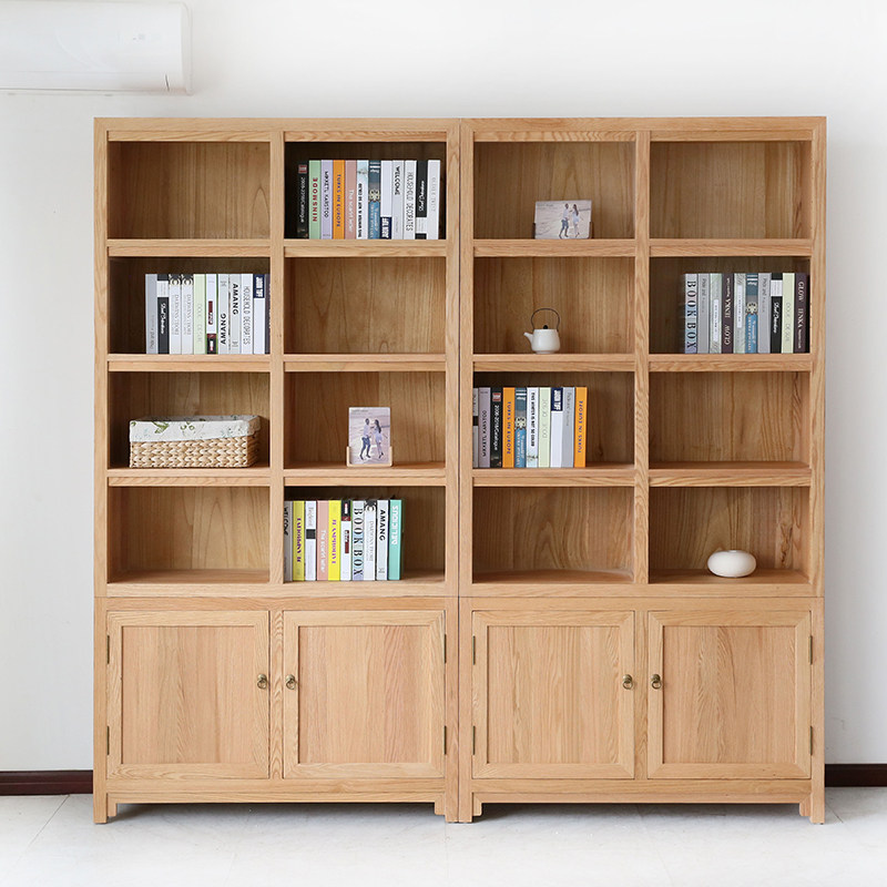 实木组合格子书柜带门书架原木木色收纳定制单个书柜
