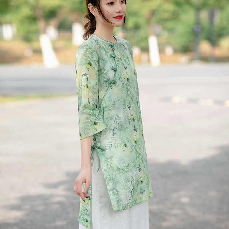 复古苎麻衬衣女夏季款印花盘扣中国风中长款上衣茶服中袖亚麻汉服