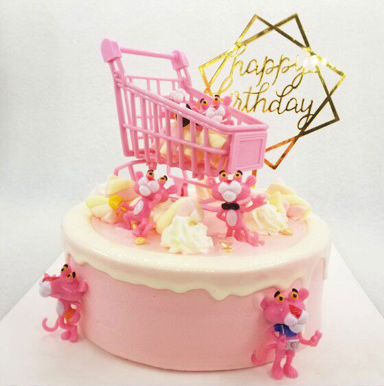 公仔生日蛋糕装饰摆件粉红豹购物车插件可爱顽皮豹少女节日装扮用品