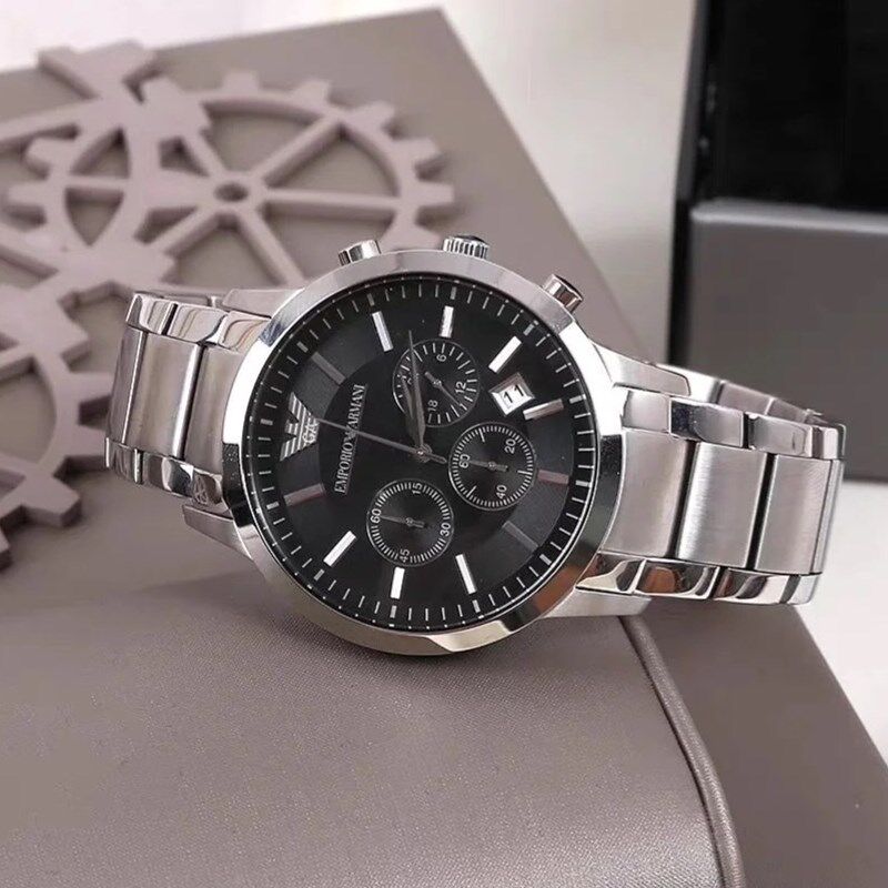 手表官方正品armani阿玛尼钢带三眼计时石英男士欧美腕表