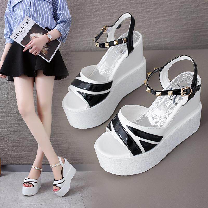 超高高跟12cm白色厚底凉鞋夏天坡跟松糕底女时装凉鞋