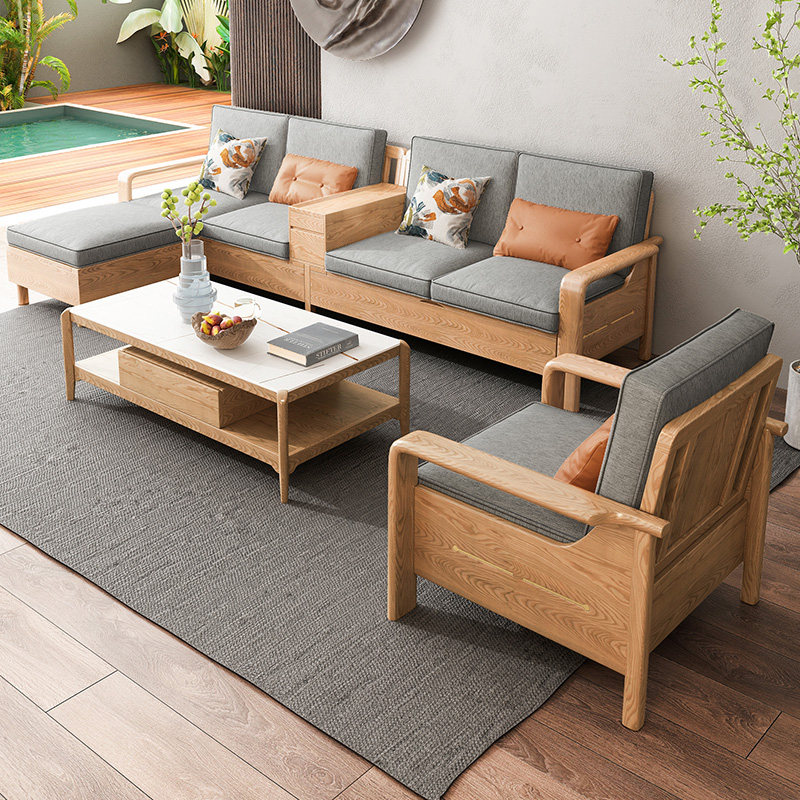 北欧实木储物沙发大小户型客厅白蜡木冬夏两用可拆洗布艺贵妃组合