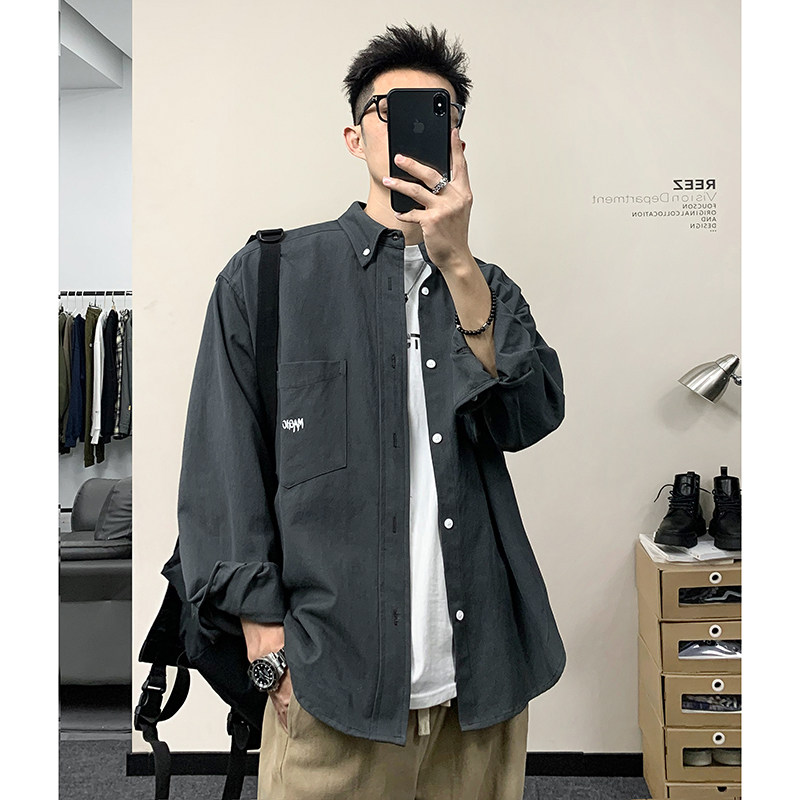 reez店主穿搭高密挺阔工装长袖衬衫男春秋日系重磅衬衣外套潮