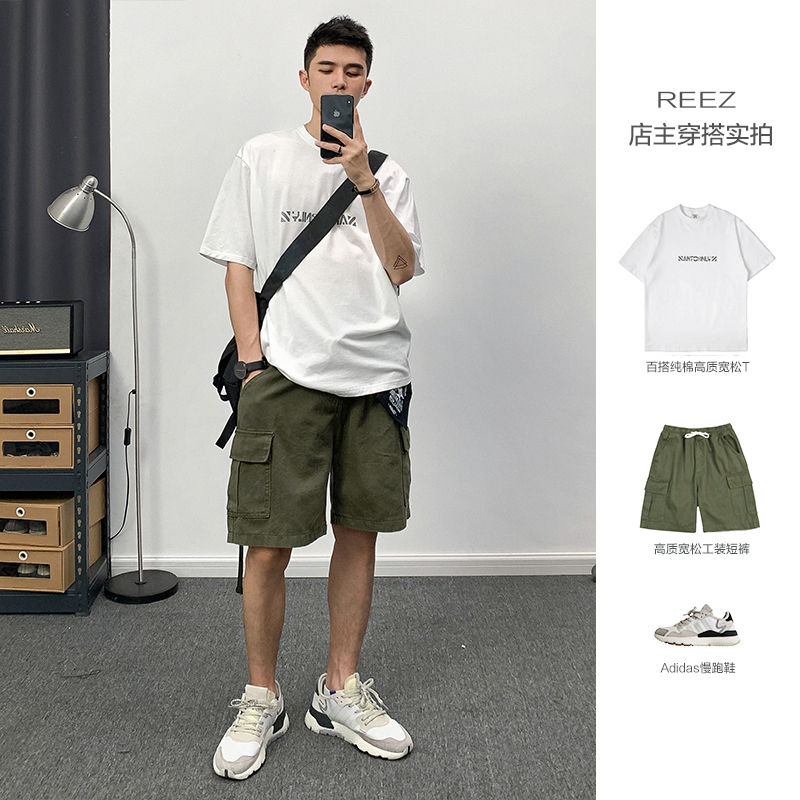 REEZ【店主穿搭】日系工装短裤男宽松大码夏季休闲潮牌直筒五分裤
