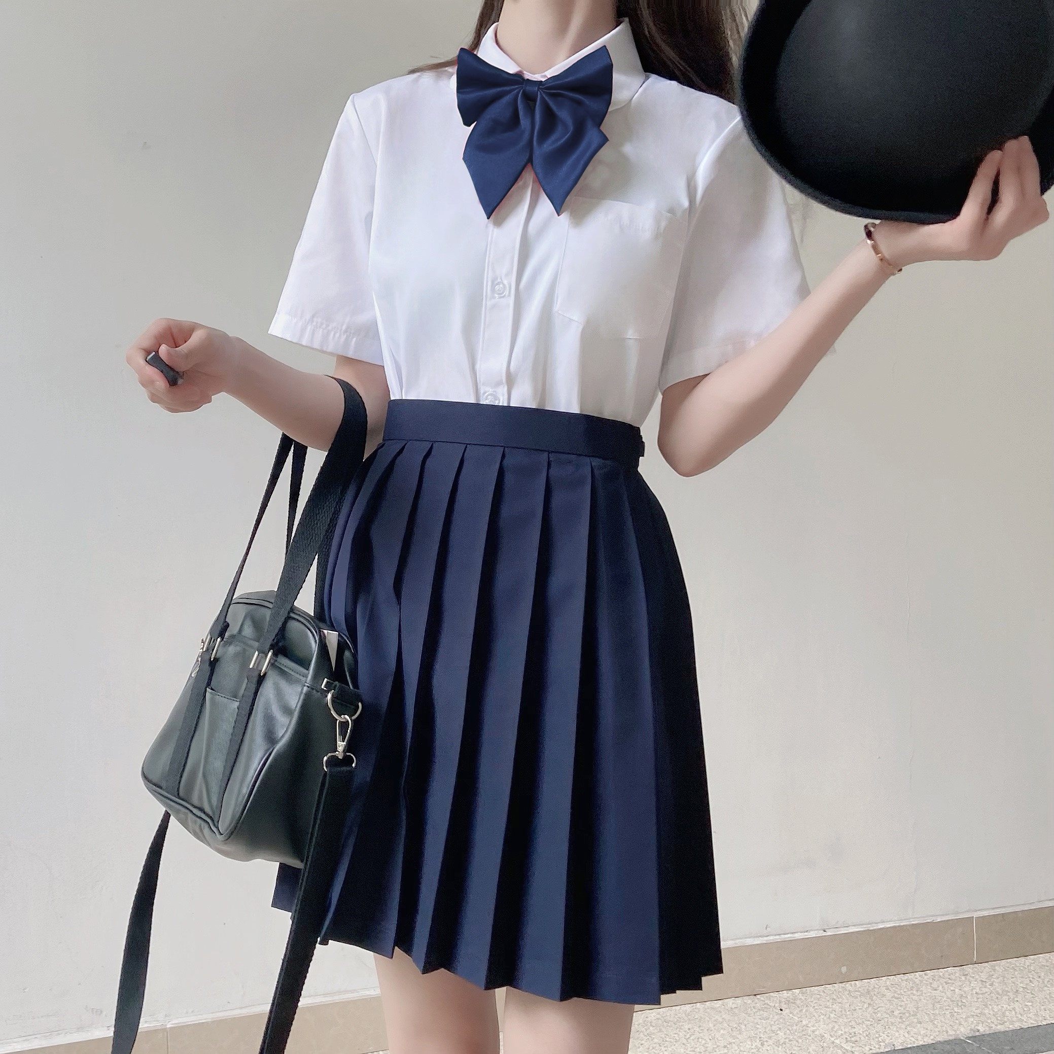 jk制服格裙纯色基础泰式百褶裙绀色中长长裙半身裙