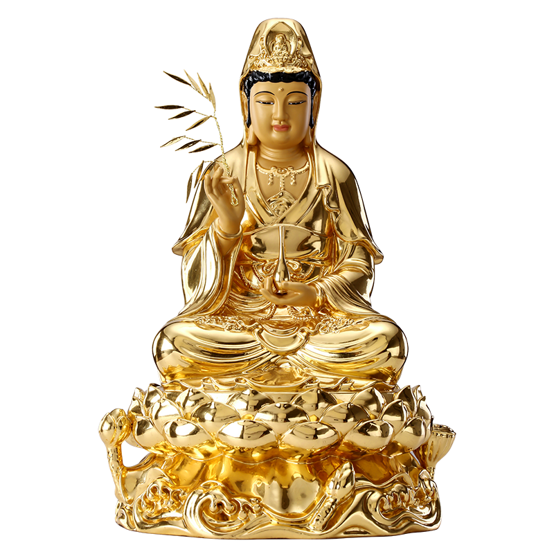 观音佛像菩萨台湾贴金家用莲花座观世音摆件摆件
