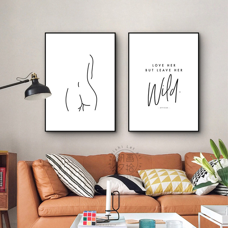 北欧极简线条装饰画ins风格小众画艺术抽象黑白灰现代装饰画