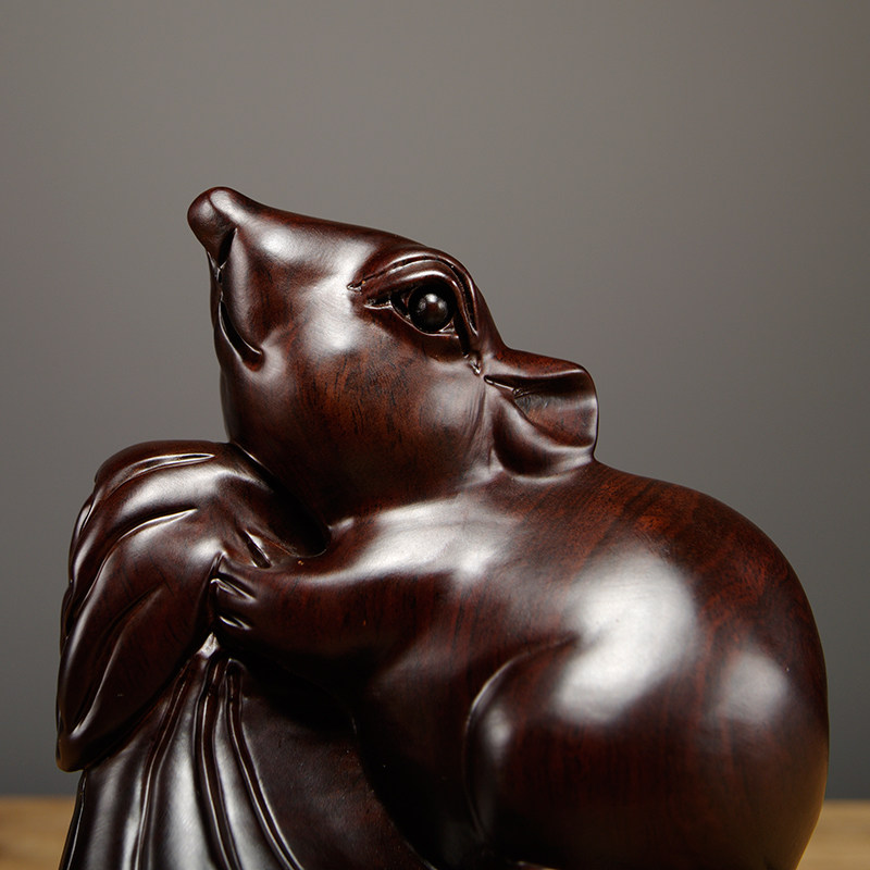 檀木木雕十二生肖老鼠摆件动物雕刻工艺品家居客厅木雕