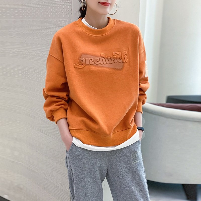 圆领橘色卫衣女薄款宽松长袖2021春秋新款欧洲站卫衣