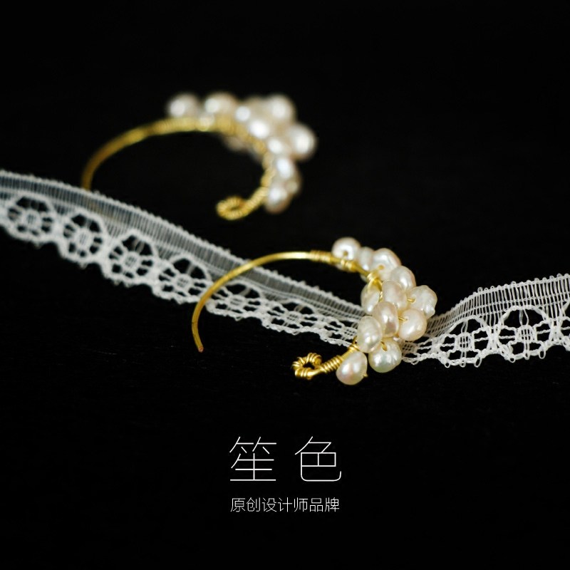 耳环笙色迷你不规则珍珠编制花枝耳坠14k包金耳环