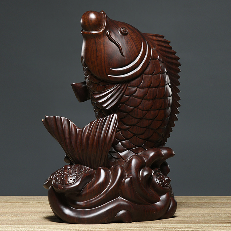 檀木木雕鲤鱼摆件创意客厅家居酒柜摆设桌面木雕