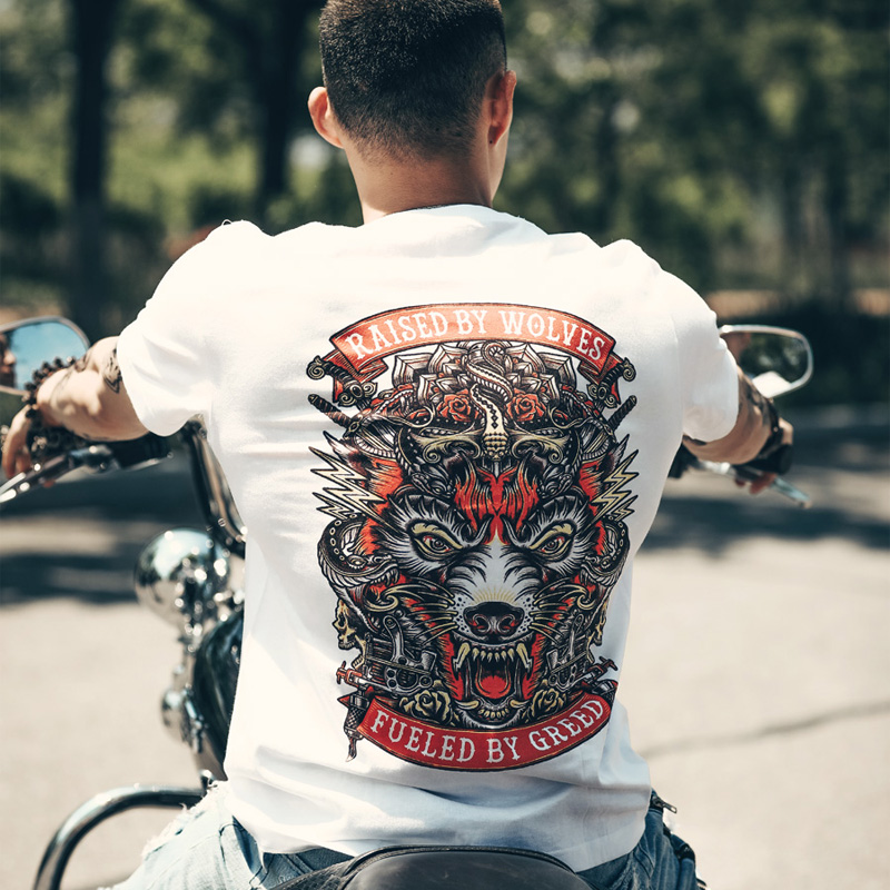 欧美重机车t恤男复古摇滚乐队朋克短袖摩托俱乐部狼图腾背后图案
