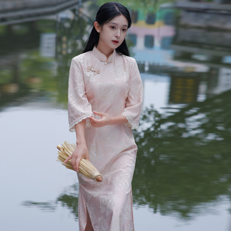 倒大改良粉色旗袍少女复古古法长款长袖1930旗袍