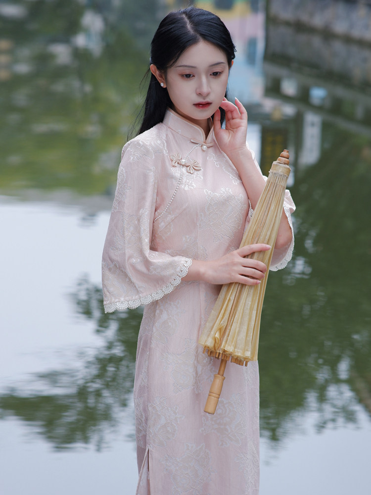 倒大改良粉色旗袍少女复古古法长款长袖1930旗袍