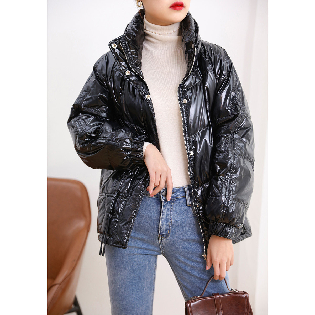 双层外套羽绒服光亮珠光立领抽绳四层个性钻绒羽绒服
