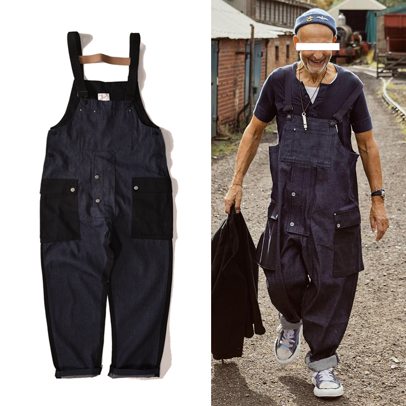 日系连体裤宽松老爹裤ins网红吊带牛仔裤拼色口袋工装背带裤男女