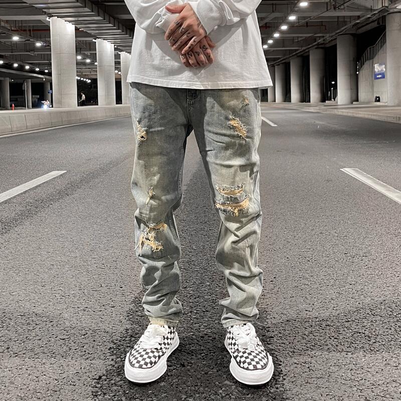 潮WOO专属高街经典水洗做旧破洞猫须修身休闲男裤子潮牌INS牛仔裤