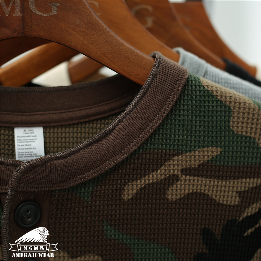 迷彩华夫格亨利领短袖男 紧身弹力美式复古重磅运动T恤硬汉亨利衫