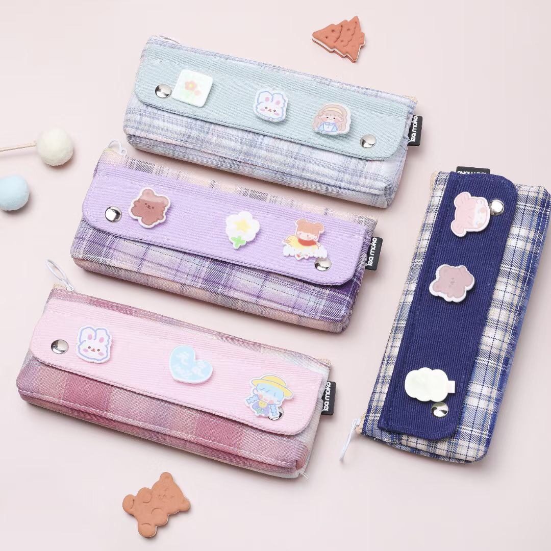 小清新少女文具铅笔moko格子物语大三三角帆布笔袋