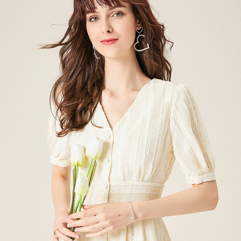 中长款短袖2021夏季新款v领连衣裙_连衣裙_梦美伊女装 简欧高端定制