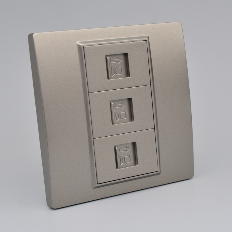 深灰色万兆屏蔽网插插口电脑cat7网线三口面板电脑插座