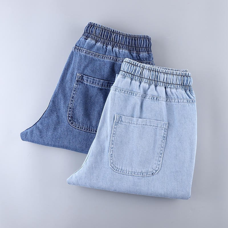 针织棉面料 外贸剪标尾单 夏天薄款水洗宽松抽绳腰九分裤牛仔裤男