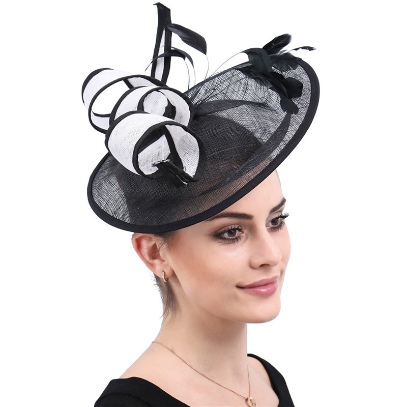 旗左高端宴会麻纱夸张羽毛黑白配舞台表演头饰帽子