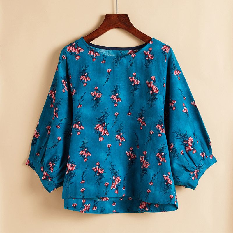 春夏季棉麻短款小衫上衣民族风印花七分袖t恤外穿休闲衬衣女衬衫