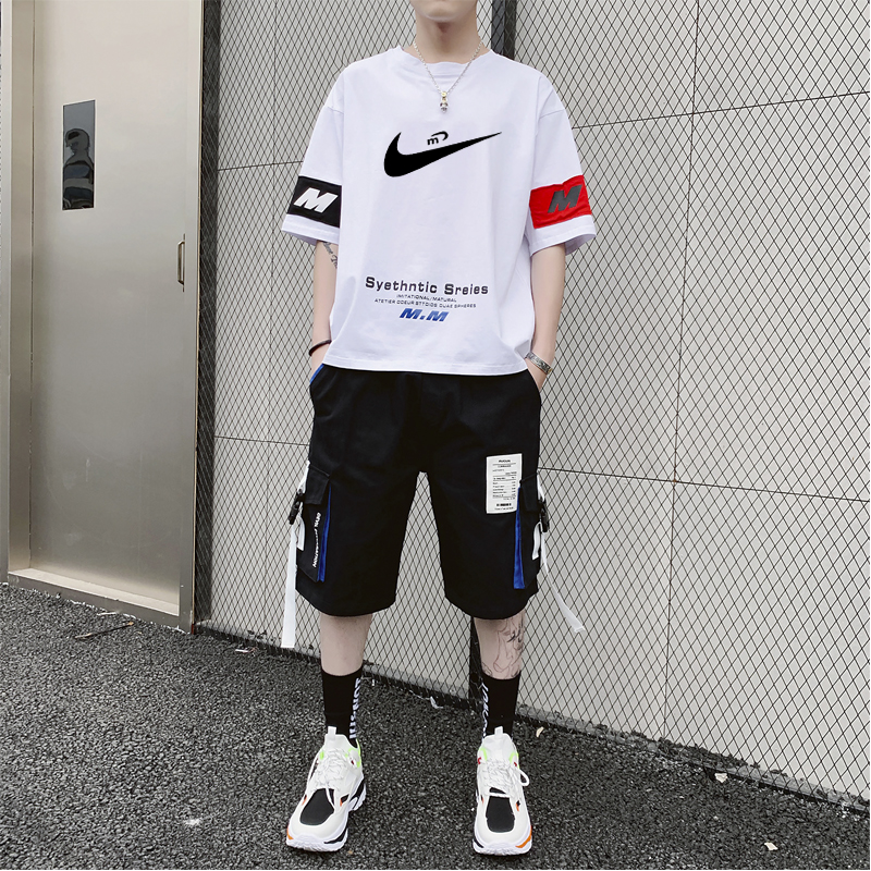 耐克顿纯棉短袖T恤男夏五分裤套装时尚宽松短裤套装青少年痞帅气
