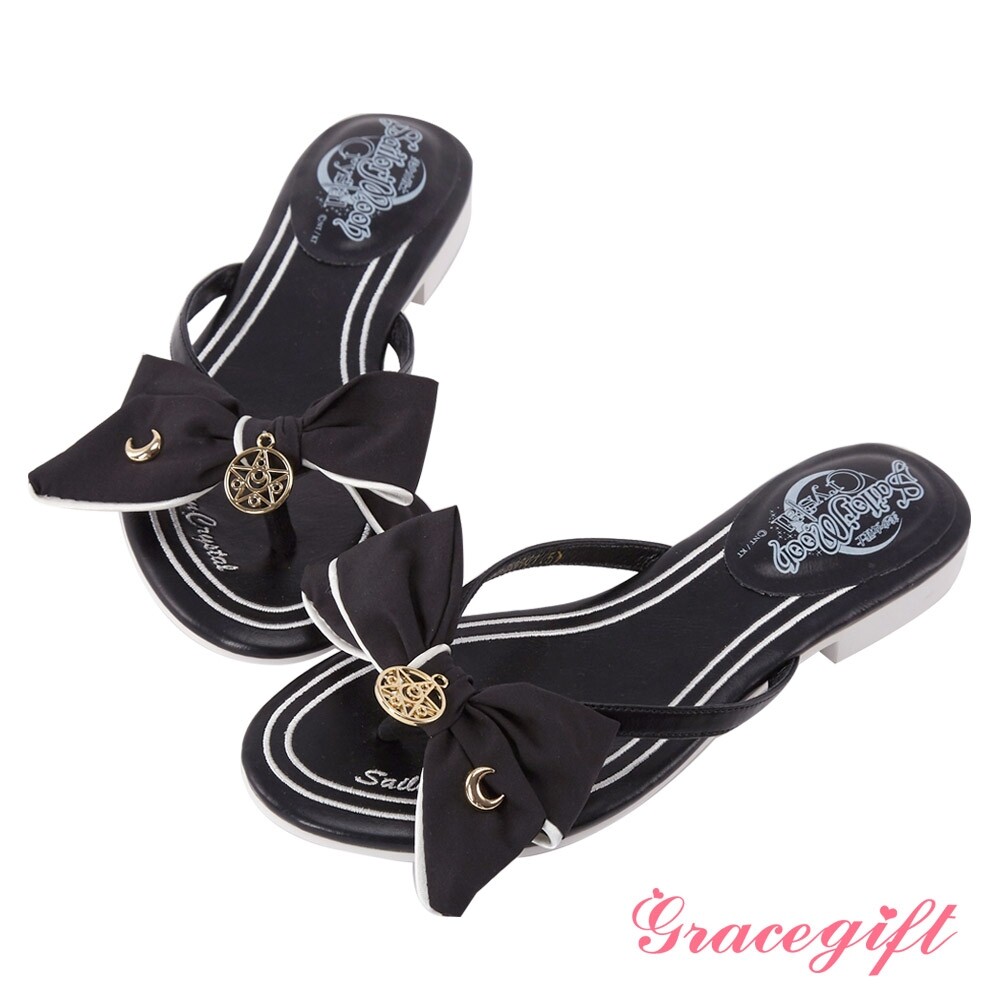 grace gift-美少女战士蝴蝶结月亮饰扣凉拖鞋 蓝