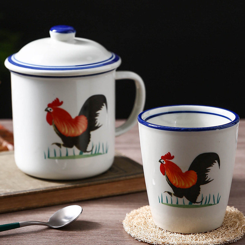 老式仿搪瓷杯怀旧经典大容量公鸡陶瓷杯子带盖办公室马克杯