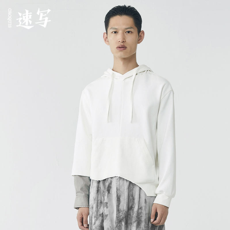 速写男装春秋季新款卫衣不规则拼接个性潮黑色设计师款上衣内搭