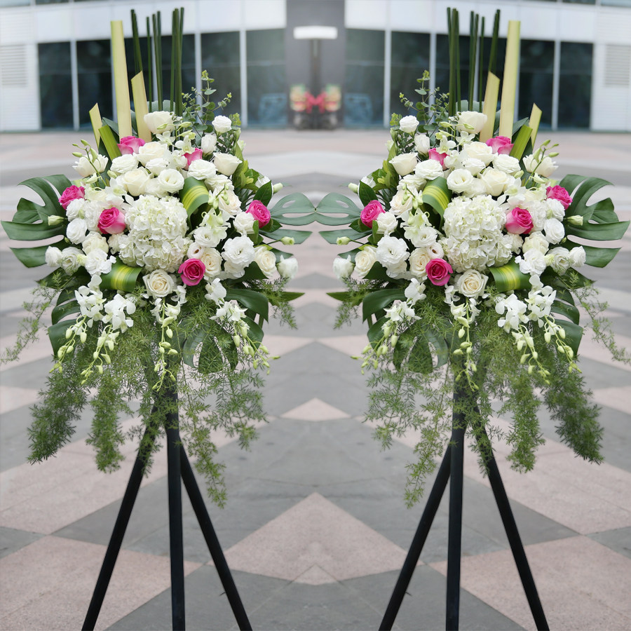 开业花篮三脚架开张送礼淡雅商务用花白玫瑰混搭商务用花