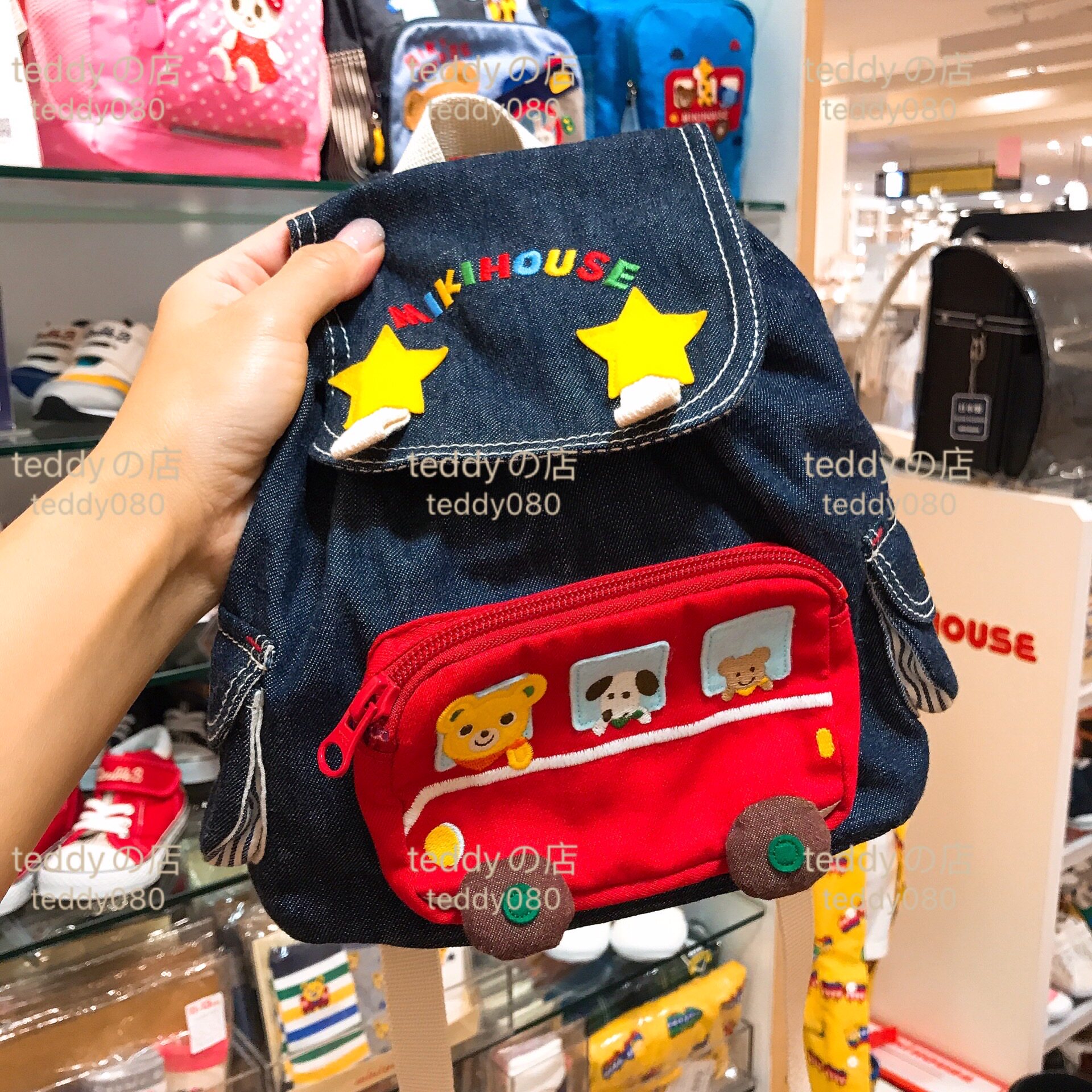 日本代购mikihouse经典小动动物男女女童牛仔帆布书包