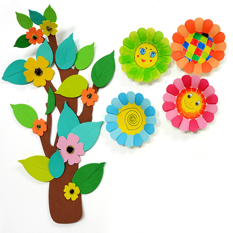 手工幼儿园儿童创意diy彩色纸盘花托材料制作墙贴