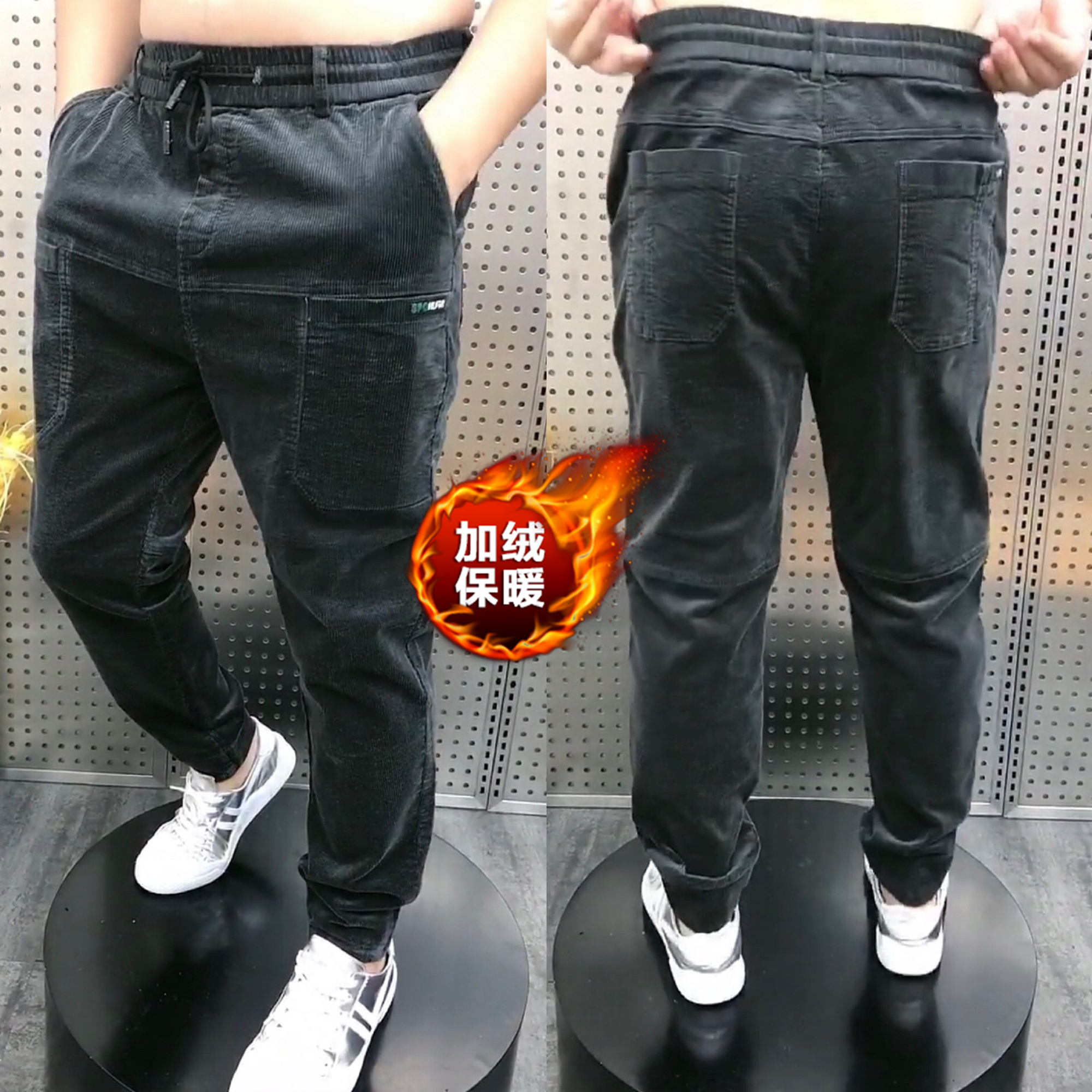男士春秋冬季小脚条绒休闲裤加绒款灯芯绒六口袋多兜裤子男网红裤