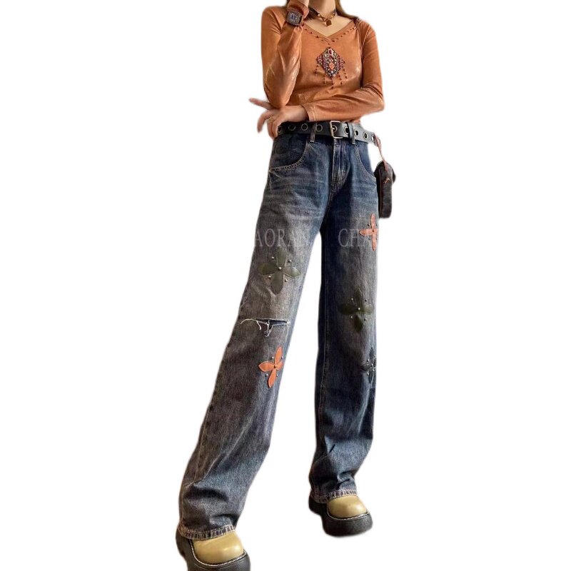 超然牛仔裤2021秋季新款欧货重工绣饰钉珠磨破牛仔裤