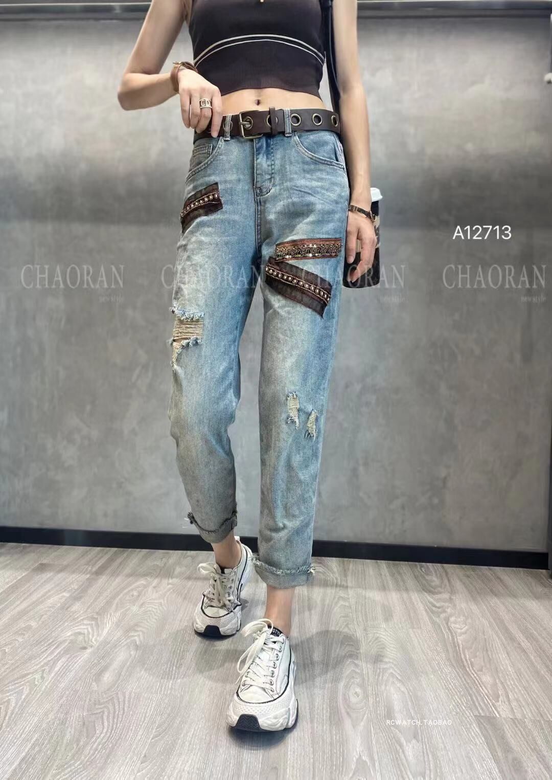 超然刺绣垮裤九分牛仔百搭时尚个性磨破欧货牛仔裤