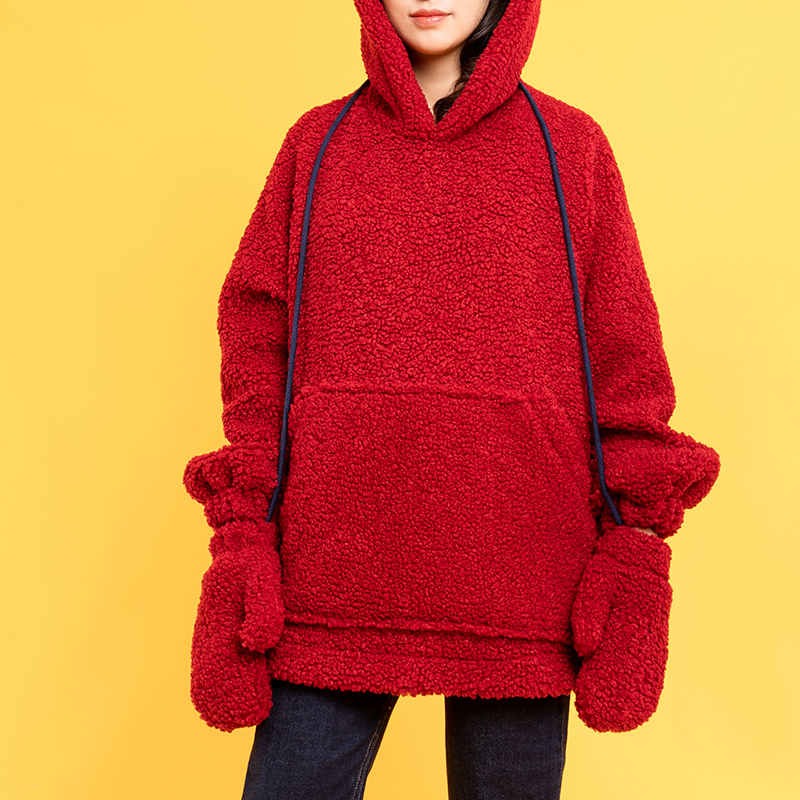 lisash原创设计秋冬宽松连帽红色羊羔本命年毛绒卫衣