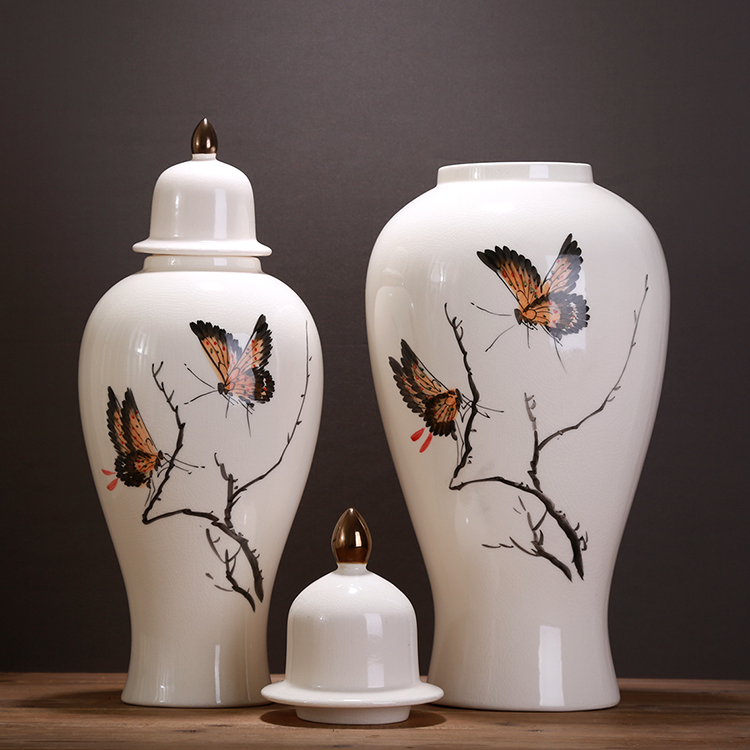 中式古典龟裂手绘花鸟图案陶瓷工艺工艺品品家储物罐