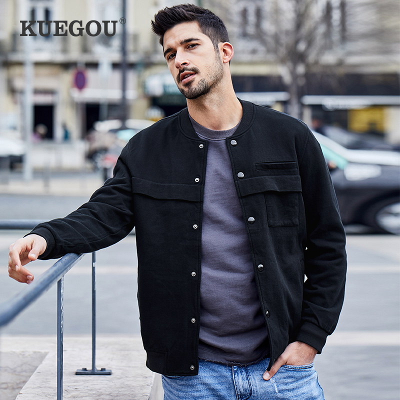 酷衣购 男士开衫卫衣 男春季韩版修身立领夹克外套黑色棒球服7010