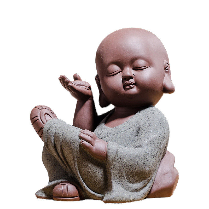 紫砂佛像小沙弥风化木座根雕家居客厅工艺品小和尚陶瓷摆件人物