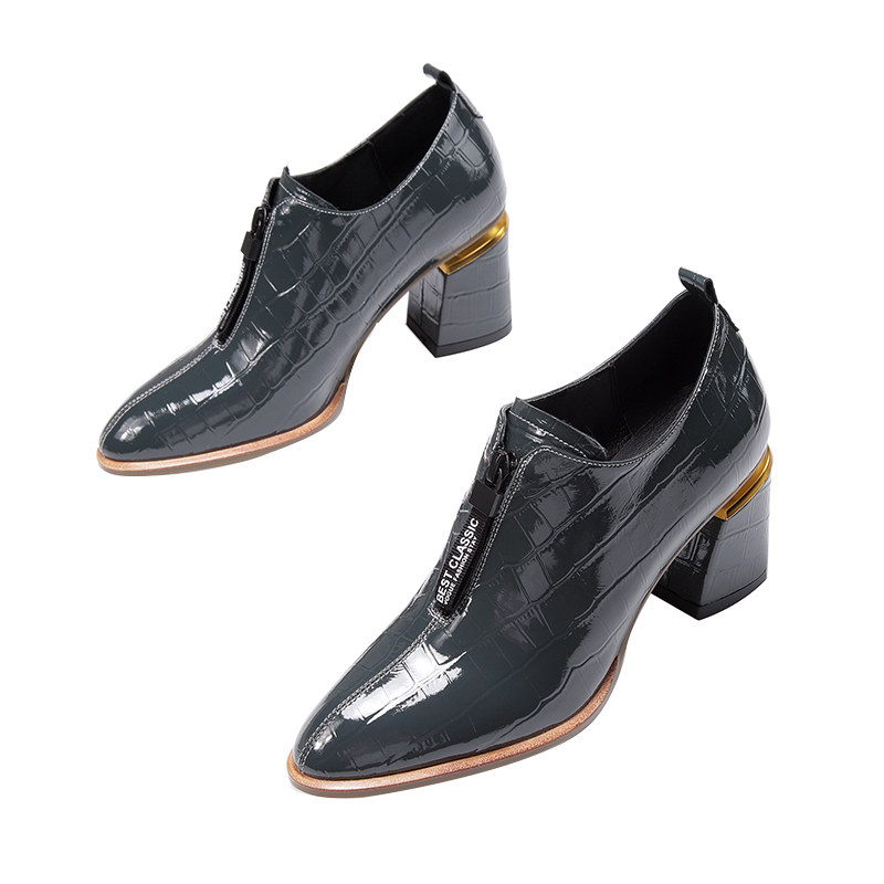 圆头小皮鞋女2020春季新款时尚前拉链漆皮粗跟高跟鞋春秋深口单鞋