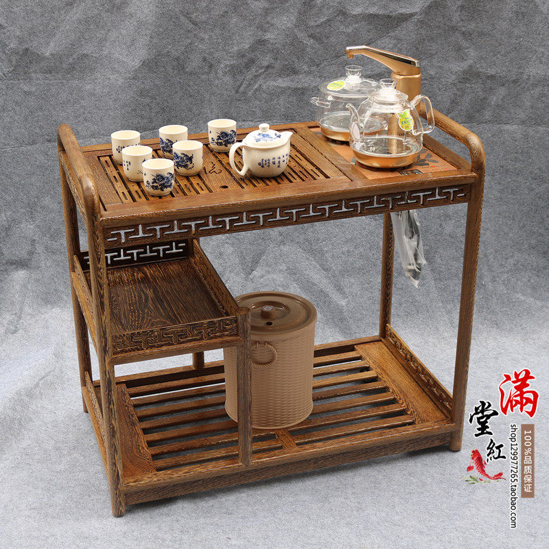 红木家具实木移动茶台带轮鸡翅木茶车手推茶几仿古茶几
