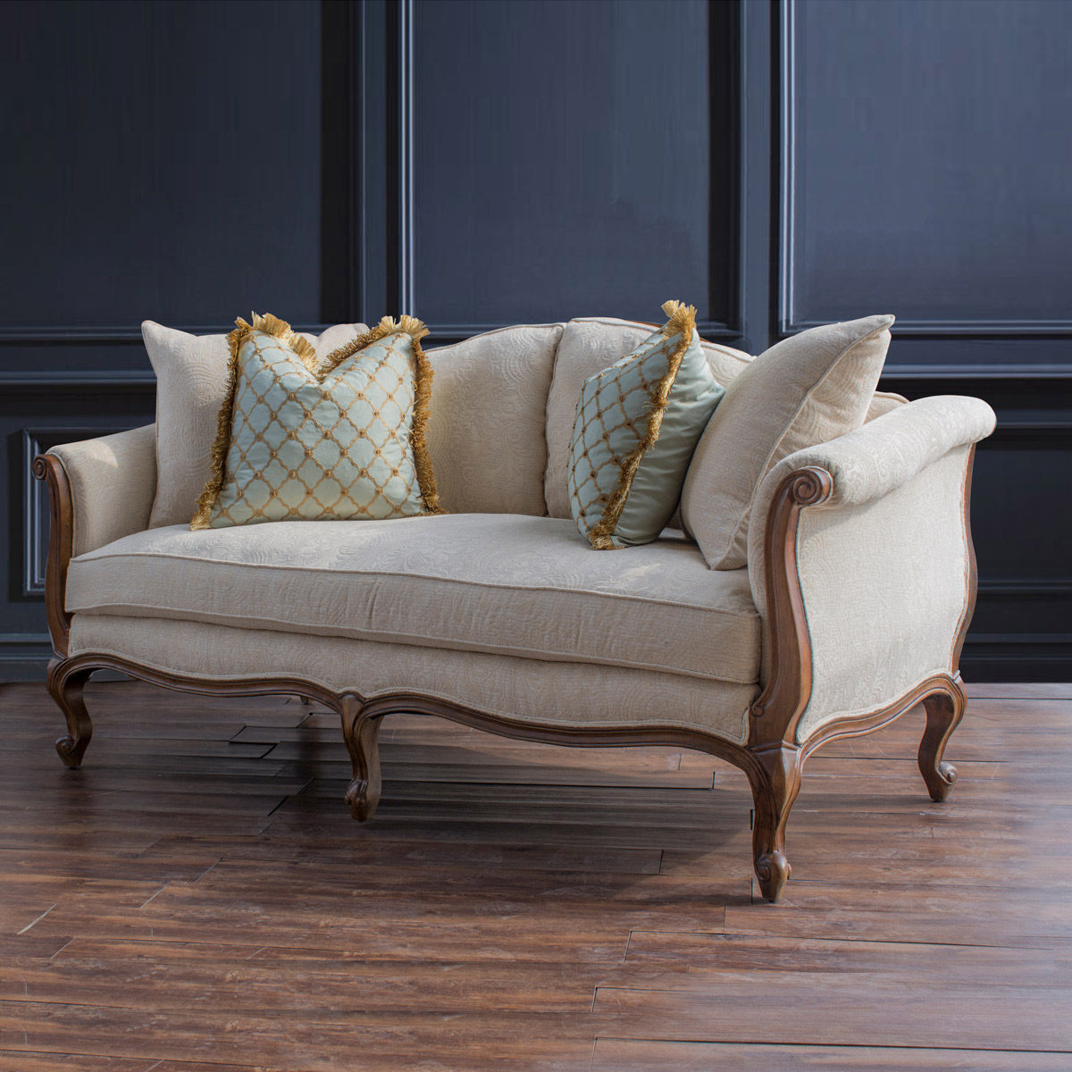 美式实木雕花布艺双人沙发进口绒布复古小户布艺沙发