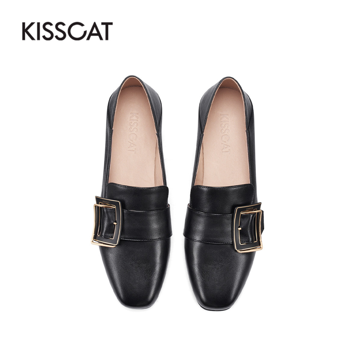 接吻猫鞋子2022英伦风皮鞋中跟跟单羊皮软皮一脚乐福鞋(豆豆鞋)