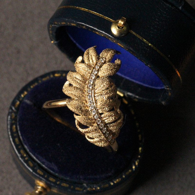 钻石翎舞18k金砂金工艺设计羽毛戒指珠宝镶嵌手饰