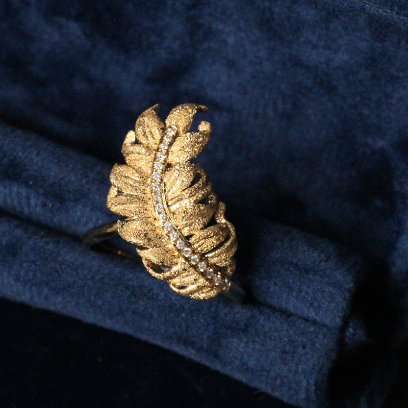 钻石翎舞18k金砂金工艺设计羽毛戒指珠宝镶嵌手饰