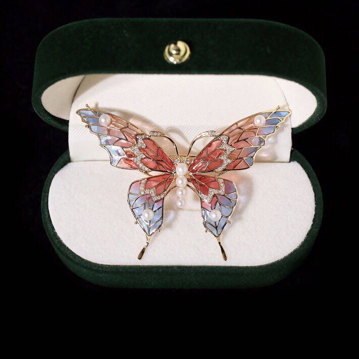 翎舞透窗设计孤品珠宝高端胸针蝴蝶珐琅珍珠胸饰
