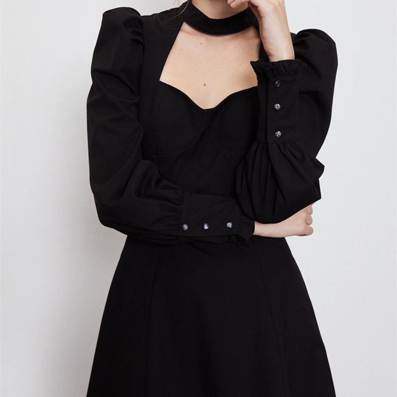 2020复古时尚圆领羊腿袖薄款连衣裙镂空设计礼服连衣裙